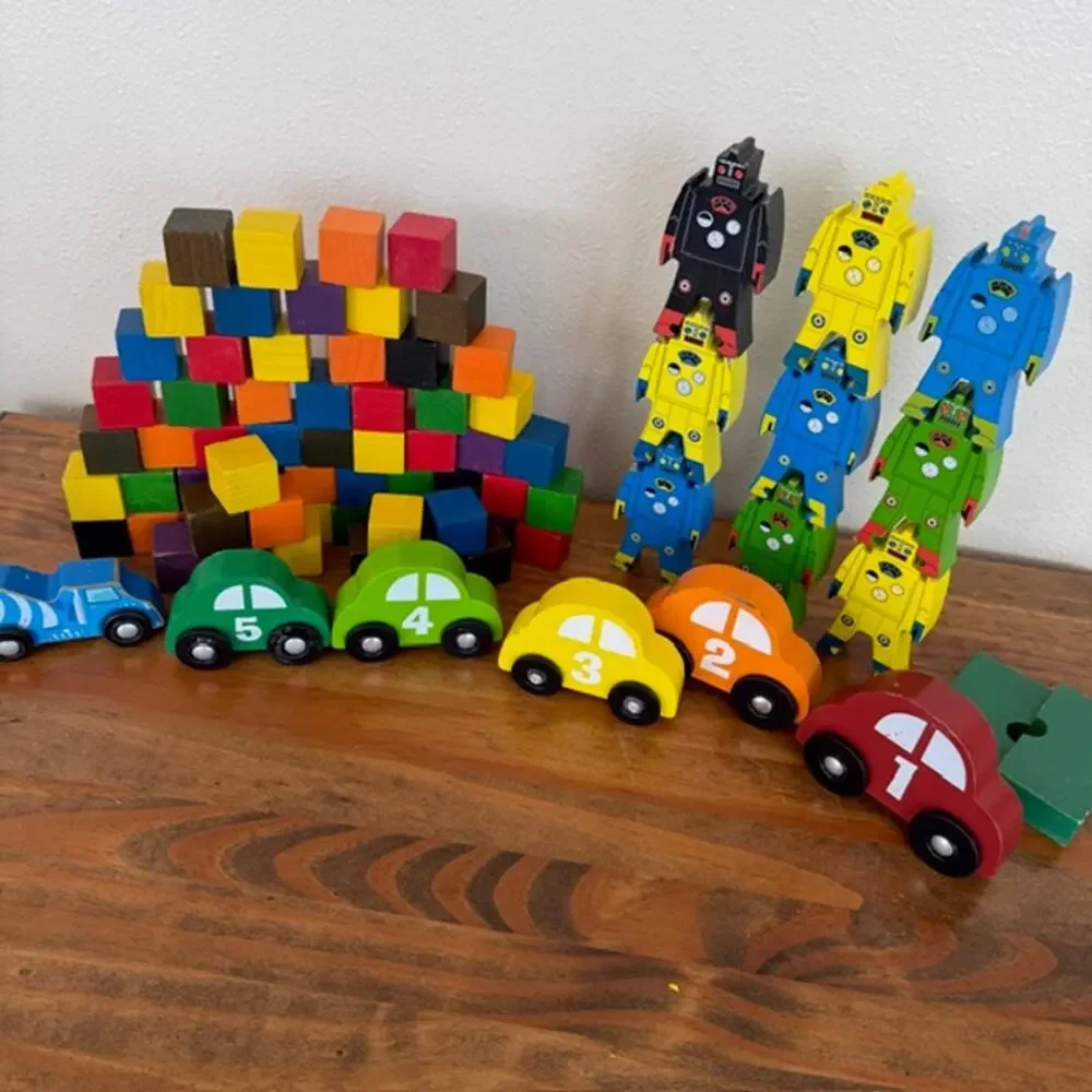 Set of Wooden Building Blocks, stacking of 9 Robots and 6 Cars